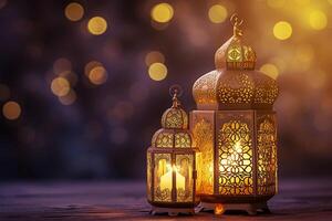 ai généré or Ramadan lanterne et bougies. lampe avec arabe décoration photo