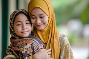 ai généré malais musulman famille dans traditionnel Vêtements vidéo salutation copains et les proches sur portable pendant le hari raya aidilfitri fête photo