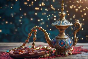 ai généré Aladdin lampe de vœux prière perles verre et Rendez-vous photo