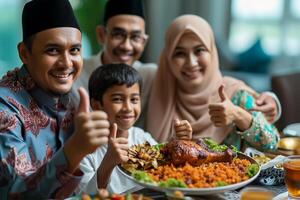 ai généré musulman famille en portant une assiette de spécial plat photo