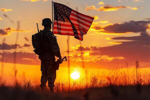 ai généré silhouette de soldat avec Etats-Unis drapeau contre le le coucher du soleil photo