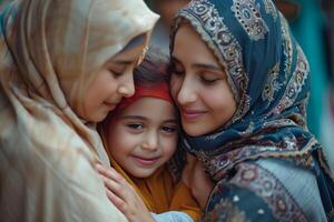 ai généré musulman famille étreinte dans eid mubarak fête photo