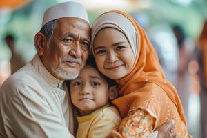 ai généré père et fils dans crâne casquettes embrassement pendant eid ul fitr photo