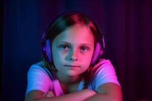 ai généré fille écoute à la musique avec sans fil écouteurs néon lumière. neural réseau ai généré photo