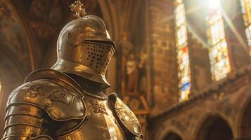 ai généré médiéval Chevalier armure dans Château intérieur photo