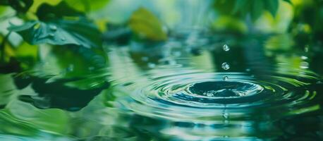 ai généré serein l'eau gouttelettes chute dans une tranquille étang, création concentrique ondulations, entouré par luxuriant vert feuillage, symbolisant paix et natures pureté photo