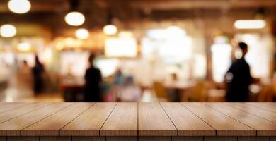 ai généré vide en bois table Haut avec lumières bokeh sur brouiller restaurant Contexte. photo