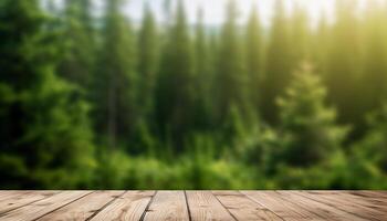 ai généré afficher en bois planche avec flou forêt Contexte photo