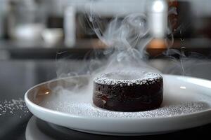 ai généré Chocolat lave gâteau sur une blanc plaque. fermer photo