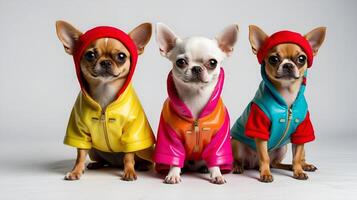 ai généré chihuahuas dans coloré tenue, doublé en haut, rayonnant personnalité et mode vers l'avant pensée, ai génératif photo