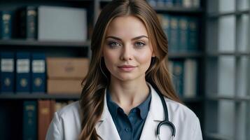 ai généré nationale médecins jour, soins de santé concept. âge moyen femme médecin dans uniforme, souriant femelle médecin dans laboratoire manteau avec bras franchi contre, ai génératif photo