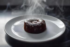 ai généré Chocolat lave gâteau sur une blanc plaque. fermer photo