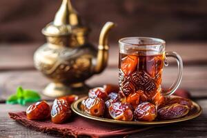 ai généré Ramadan nourriture et les boissons concept. Ramadan thé et Rendez-vous des fruits sur foncé Contexte photo