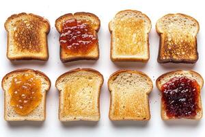 ai généré toasts avec des fruits confiture sur cuisine table professionnel La publicité nourriture la photographie photo