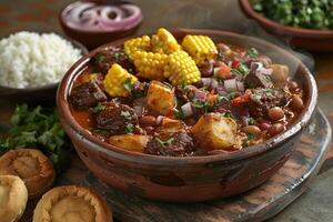 ai généré pozole mexicain nourriture dans le cuisine table professionnel La publicité nourriture la photographie photo