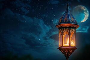 ai généré islamique lanterne avec brûlant bougie et nuit ciel avec déclin crecent lune photo