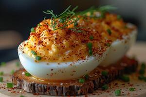 ai généré diable Oeuf dans le cuisine table professionnel La publicité nourriture la photographie photo