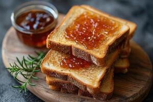 ai généré toasts avec des fruits confiture sur cuisine table professionnel La publicité nourriture la photographie photo