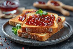 ai généré toasts avec des fruits confiture sur cuisine table professionnel La publicité nourriture la photographie photo