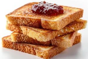 ai généré toasts avec des fruits confiture sur cuisine table professionnel La publicité nourriture la photographie photo