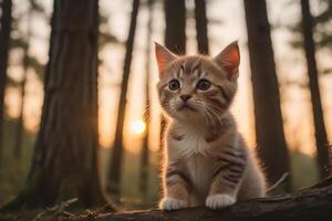 ai généré cinématique ambiance d'or heure le coucher du soleil et adorable chaton portrait généré par ai photo