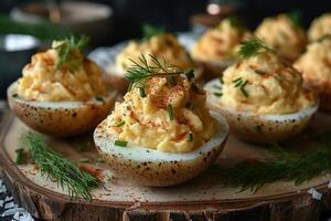 ai généré diable Oeuf dans le cuisine table professionnel La publicité nourriture la photographie photo