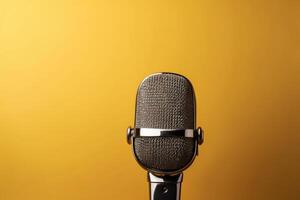 ai généré ancien microphone dans proche en haut, brillant Jaune Contexte photo