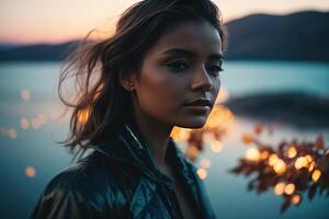 ai généré rêveur femme dans silhouette, cosmique floral aura photo