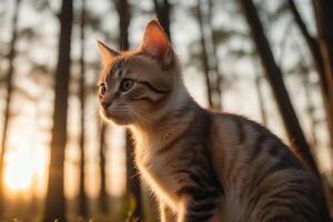 ai généré cinématique ambiance d'or heure le coucher du soleil et adorable chaton portrait généré par ai photo