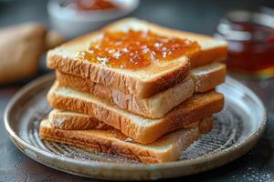 ai généré toasts avec des fruits confiture sur cuisine table professionnel La publicité nourriture la photographie photo