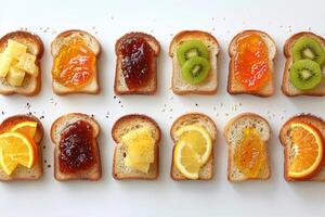 ai généré toasts avec des fruits confiture sur cuisine table professionnel La publicité nourriture la photographie photo