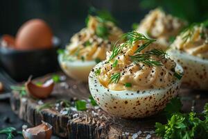 ai généré diable Oeuf dans le cuisine table professionnel La publicité nourriture la photographie photo