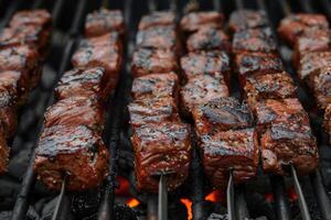 ai généré agneau étant grillé sur charbon professionnel La publicité nourriture la photographie photo