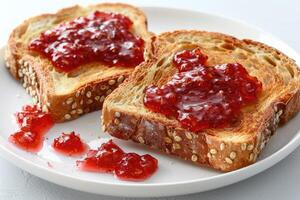 ai généré toasts avec des fruits confiture sur cuisine table professionnel La publicité nourriture la photographie photo