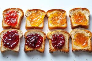 ai généré toasts avec des fruits confiture sur cuisine table professionnel La publicité nourriture la photographie photo