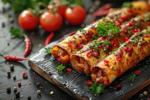 ai généré enchiladas mexicain nourriture dans le cuisine table professionnel La publicité nourriture la photographie photo