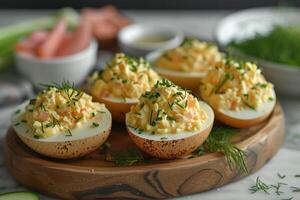 ai généré diable Oeuf dans le cuisine table professionnel La publicité nourriture la photographie photo