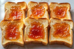 ai généré toasts avec des fruits confiture sur cuisine table professionnel La publicité nourriture la photographie photo