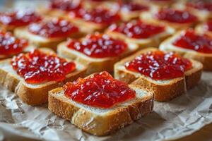 ai généré toasts avec des fruits confiture sur cuisine table professionnel La publicité nourriture la photographie photo