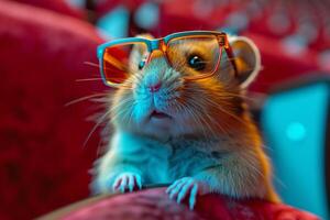 ai généré hamster dans des lunettes est assis sur rouge canapé photo