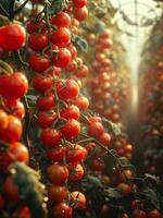 ai généré mûr rouge tomates croissance sur branche dans serre photo