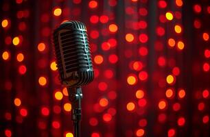 ai généré ancien microphone sur étape dans le projecteur performance de le musical grouper. photo