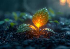 ai généré Jeune plante croissance dans le Matin lumière et l'eau gouttes sur le feuilles photo