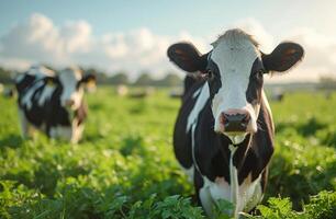 ai généré une deux noir et blanc vaches sur une vert herbeux champ photo