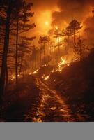 ai généré route est sur Feu dans forêt photo