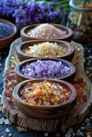 ai généré variété de Naturel sels dans en bois boules sur en bois table photo