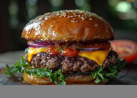 ai généré délicieux cheeseburger avec salade tomate oignon et fromage photo