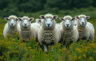 ai généré mouton permanent dans rangée et à la recherche à le caméra photo