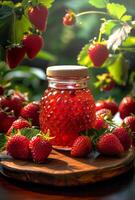 ai généré pot de fraise confiture sur en bois table dans le jardin photo