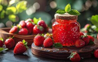 ai généré fraise confiture dans verre pot et Frais des fraises sur foncé en bois table photo